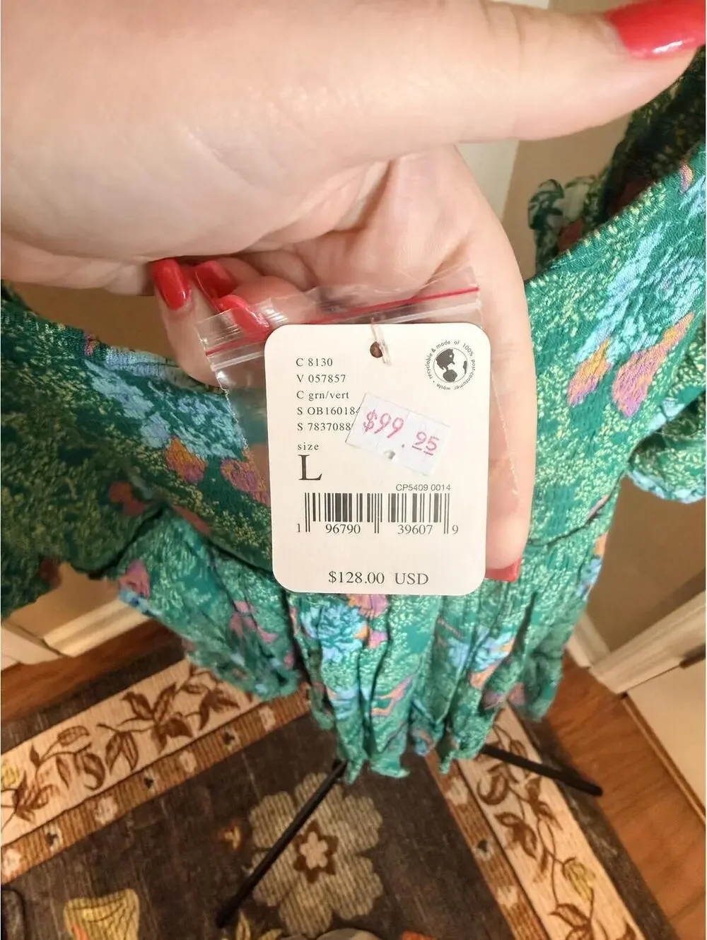 Free People NWT Green Floral Babydoll Mini Dress Size Large Boho Cottagecore